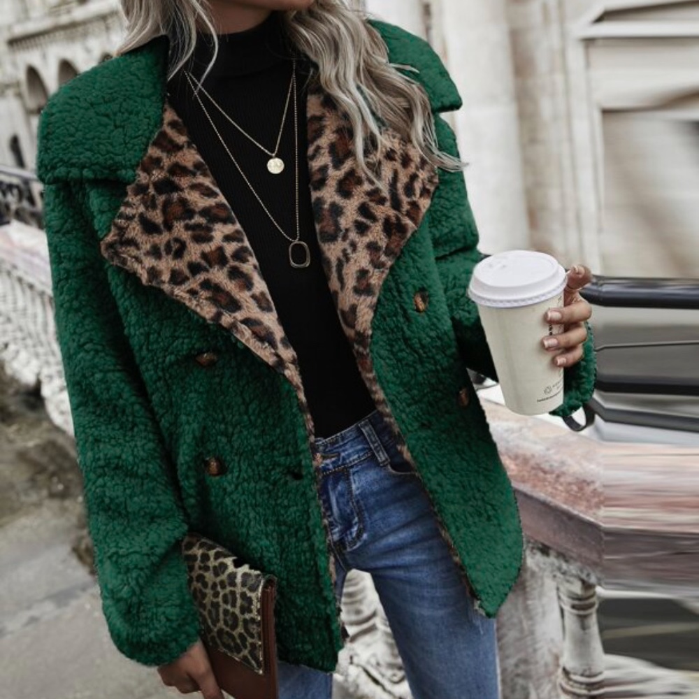 Off White Leopard Print Button up Teddy Coat Jacket - Picture 2 of 10